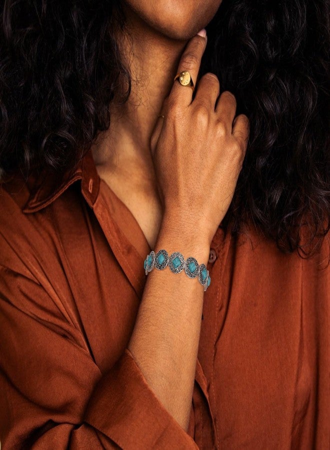 Wovanoo Turquoise Stretch Bracelets Boho Natural Stone Bangle Bracelet Adjustable Carved Wrist Bracelet Round - Image 3
